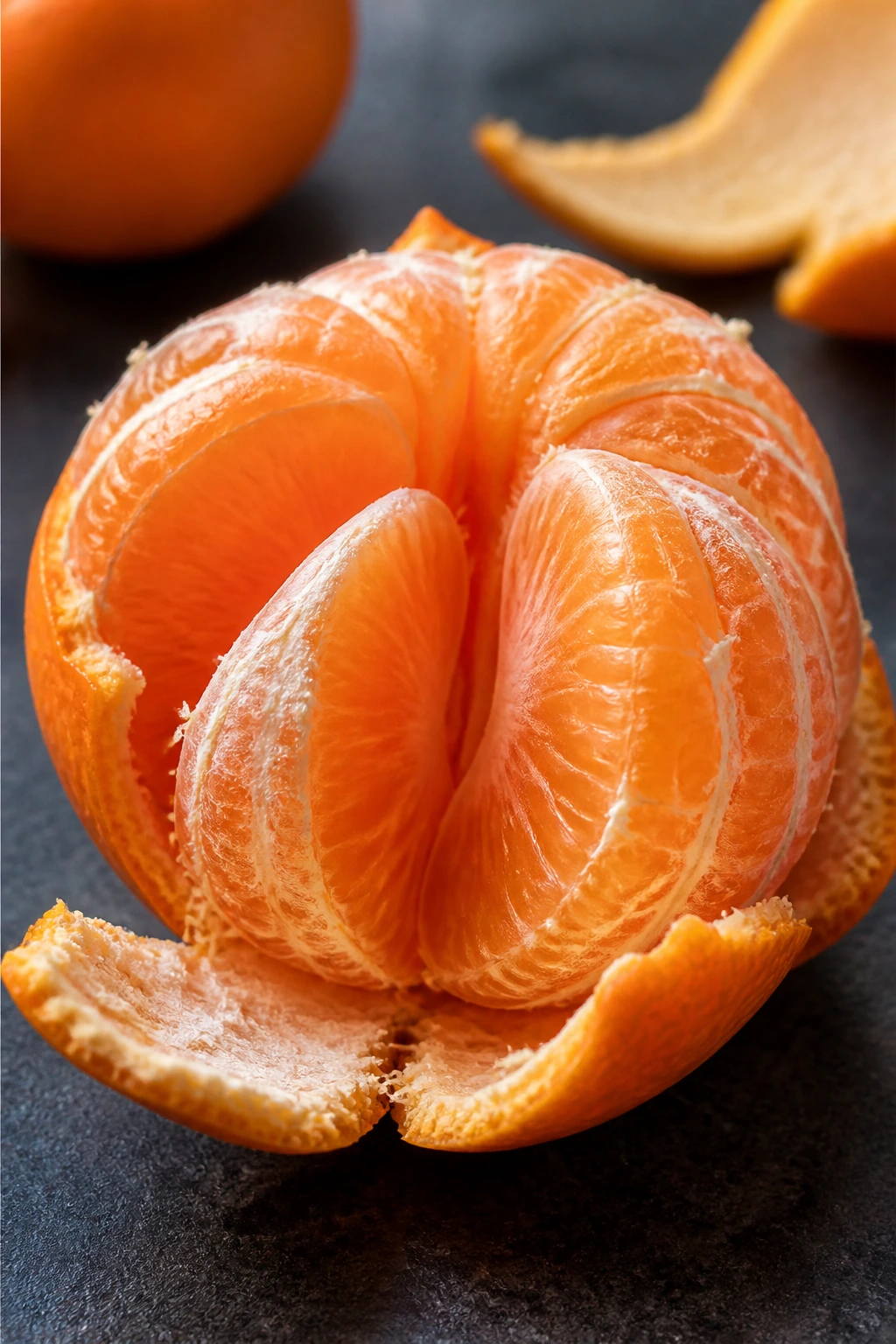 Close-up of peeled satsuma segments on a dark surface