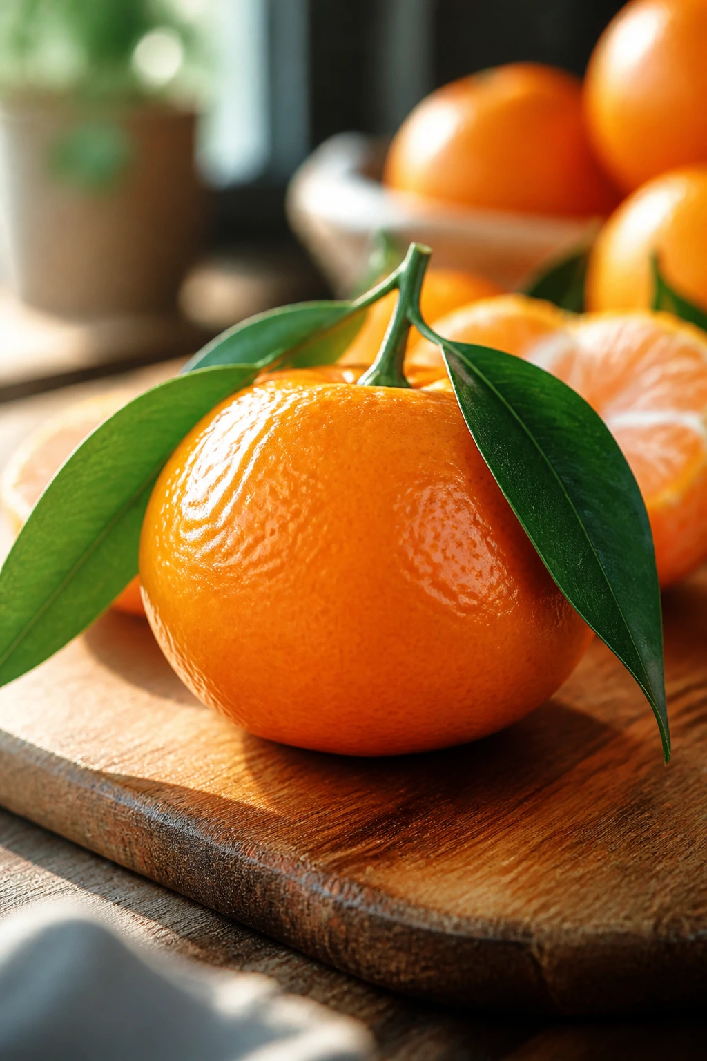Bright satsuma with leaves on cutting board