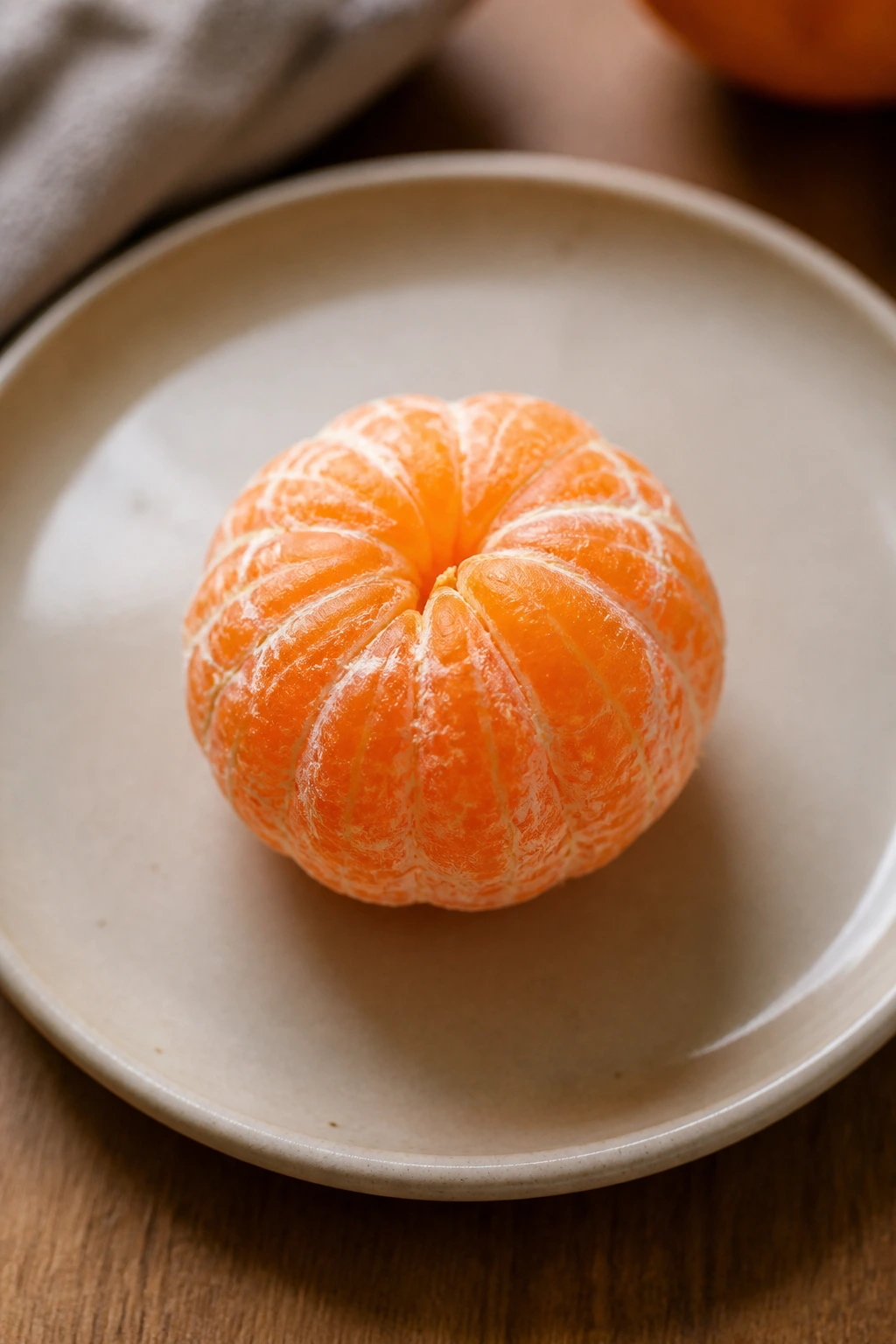 Peeled satsuma on plate in kitchen