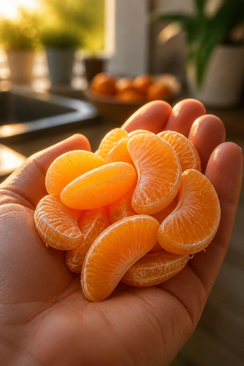 Close-up of peeled satsuma segments held in a hand in a warm kitchen