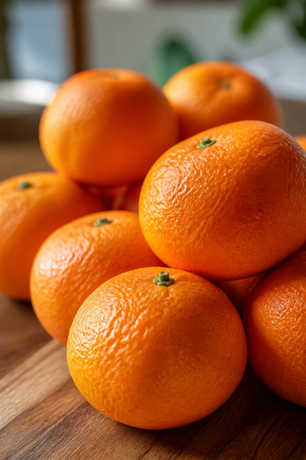 Close-up of bright satsumas filling the frame on a wooden kitchen counter