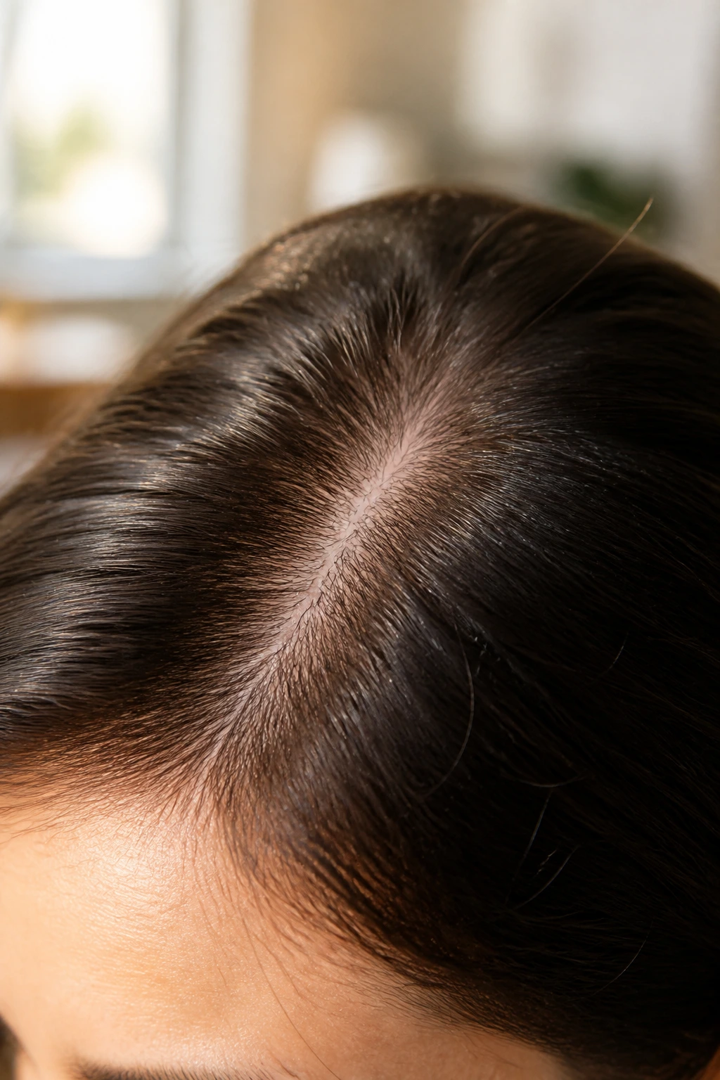 Close-up of real person's scalp with hair parted and healthy scalp visible