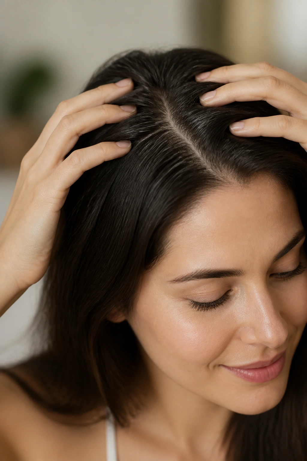 10 Benefits Of Dragon Fruit For Hair Growth And Shine 5 Calm real person with clean scalp visible through parted hair