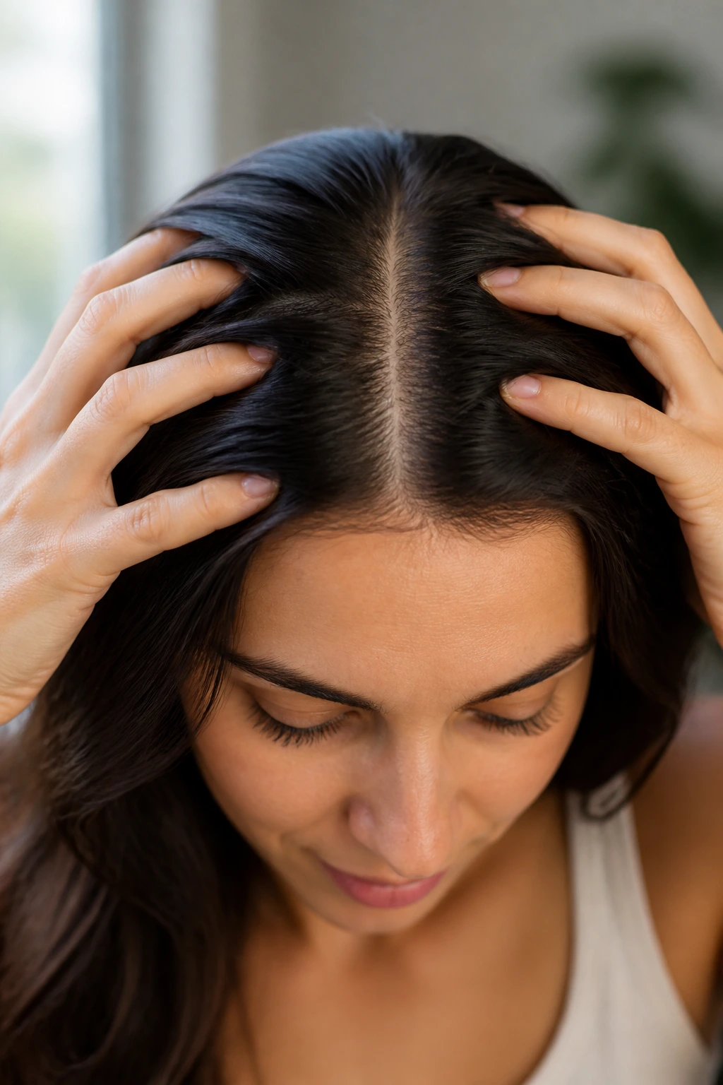Close-up of a healthy scalp surrounded by hair