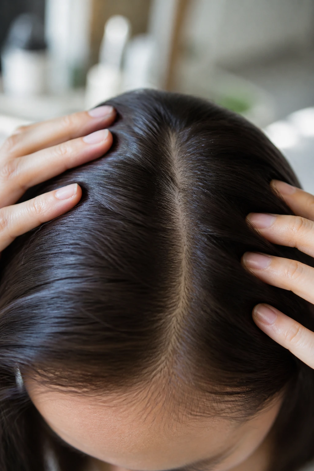 Close-up of a real person's scalp with healthy hair and calm scalp under soft light