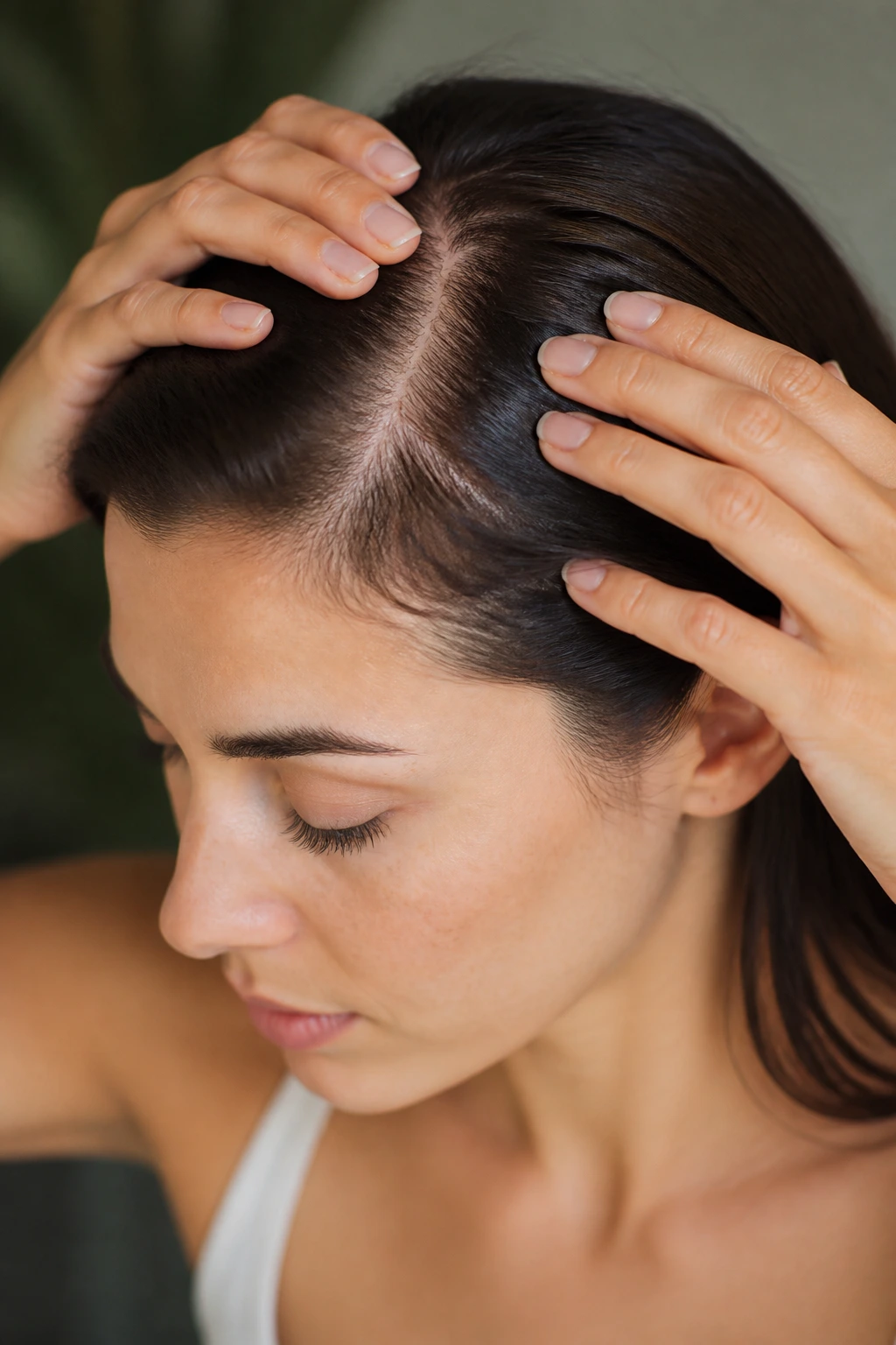 Close-up of a real person showing a moisturized scalp