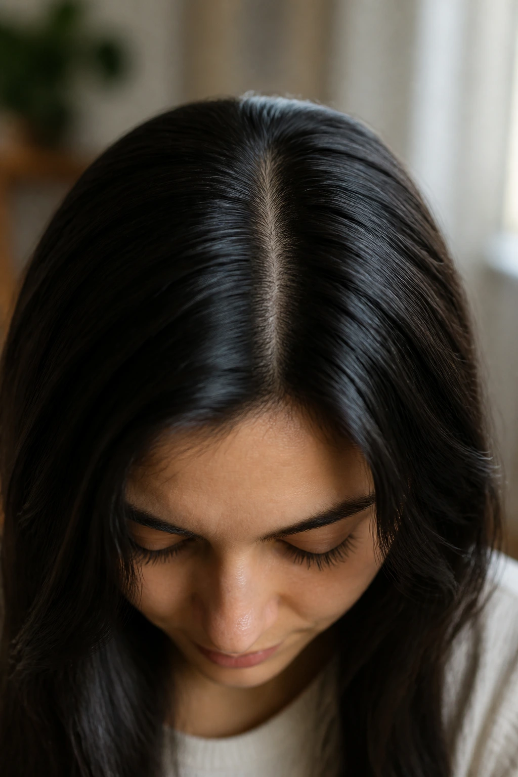 Close-up of real person showing balanced scalp oil with hair framing the scalp