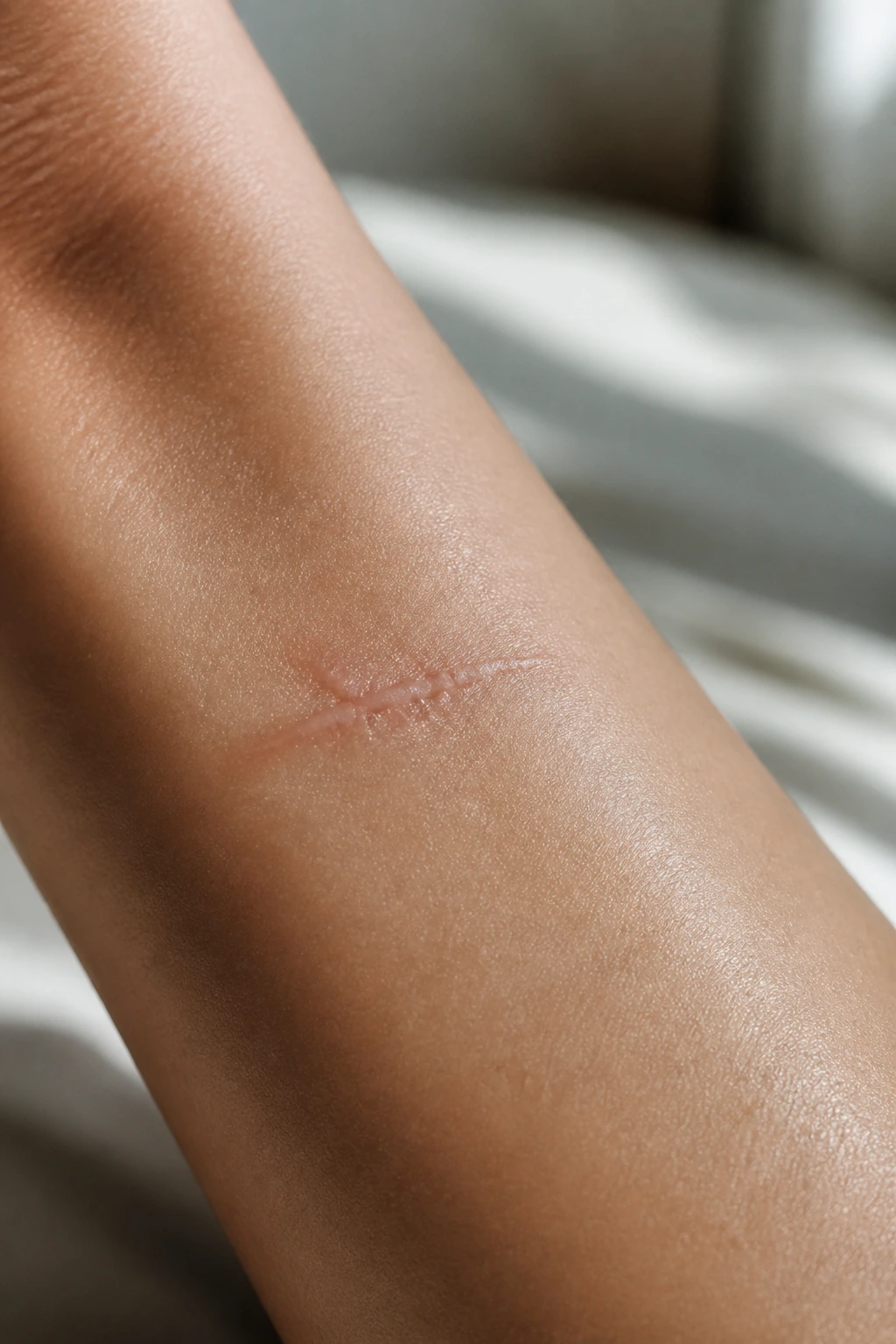 Close-up of forearm with healing scar