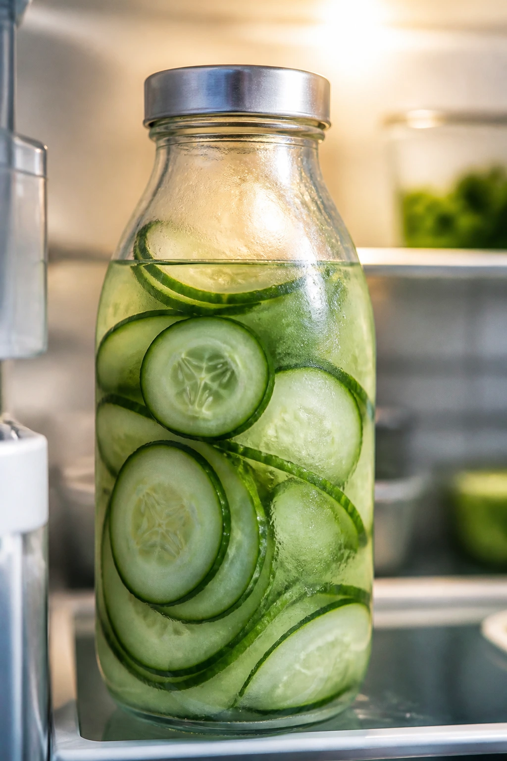 Sealed bottle of cucumber water in the fridge protecting from air exposure.