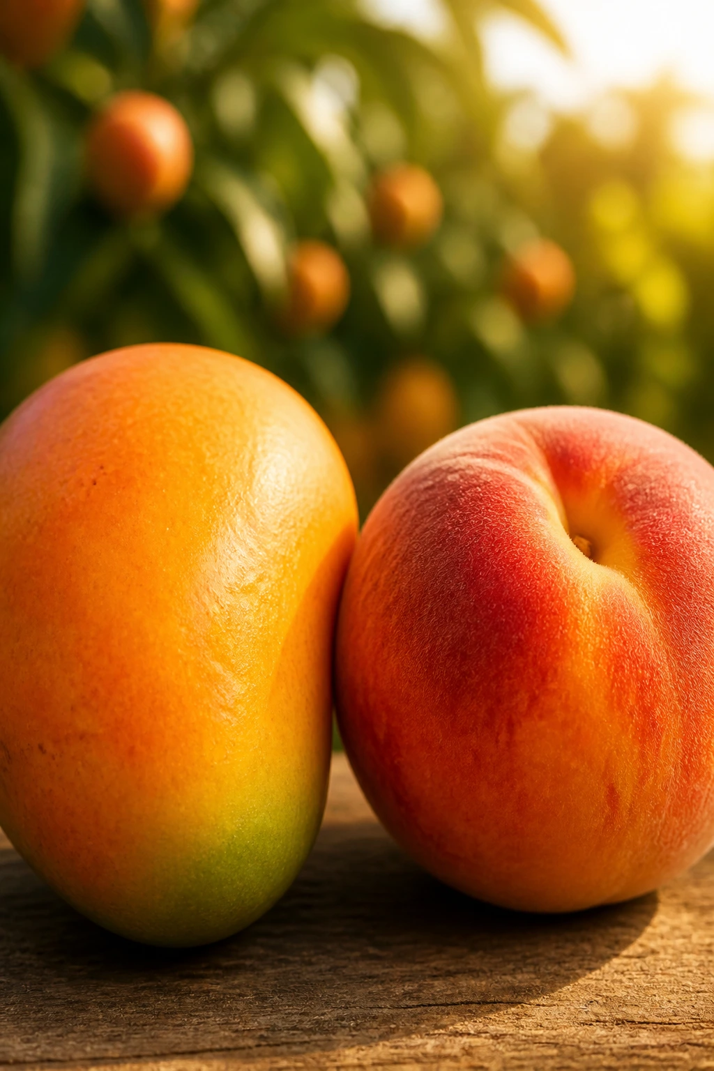 Mango and peach in-season on trees in a sunlit orchard