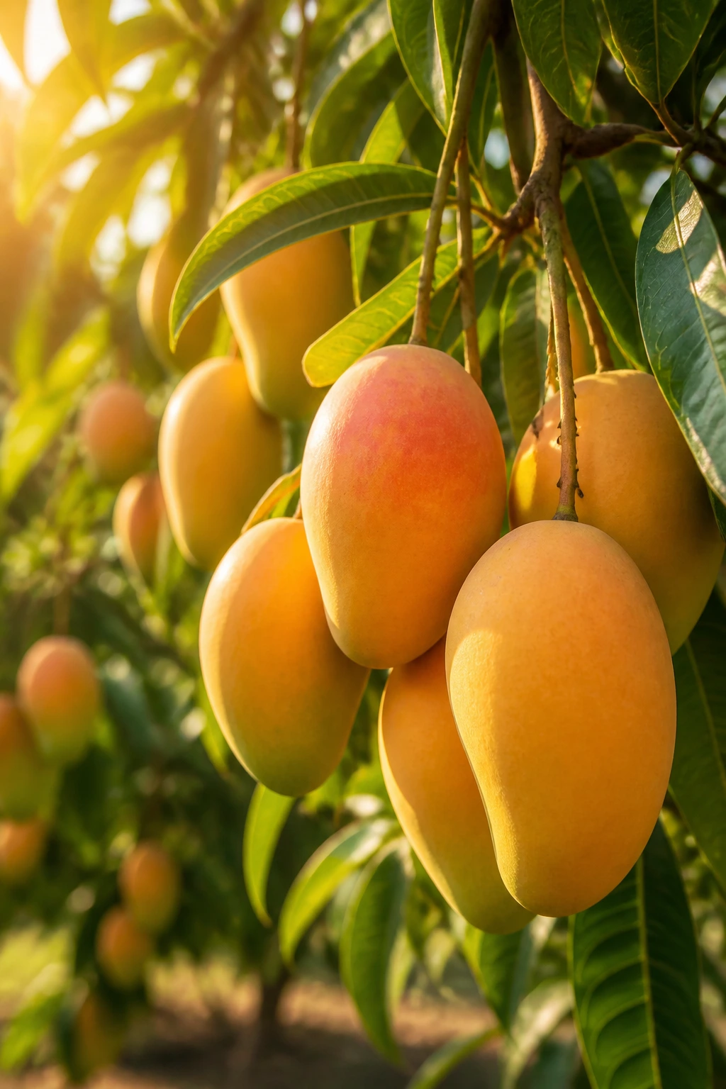 Tropical Showdown: Mango Vs Pineapple - A Comparison 7 Close-up of ripe mangoes on a tree branch in warm tropical sunlight