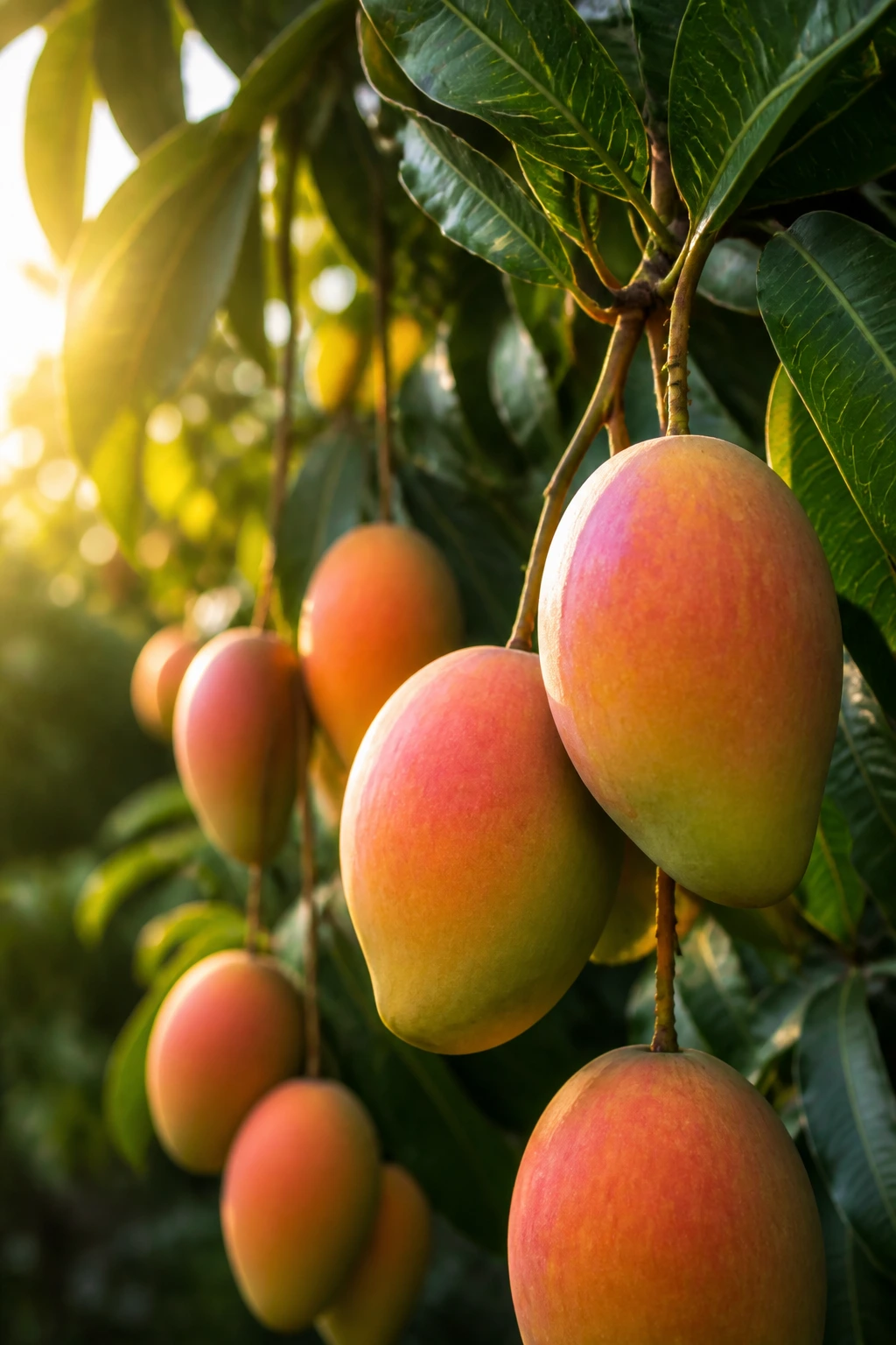 Close-up of mangoes ripening on a tree in a sunlit tropical setting.