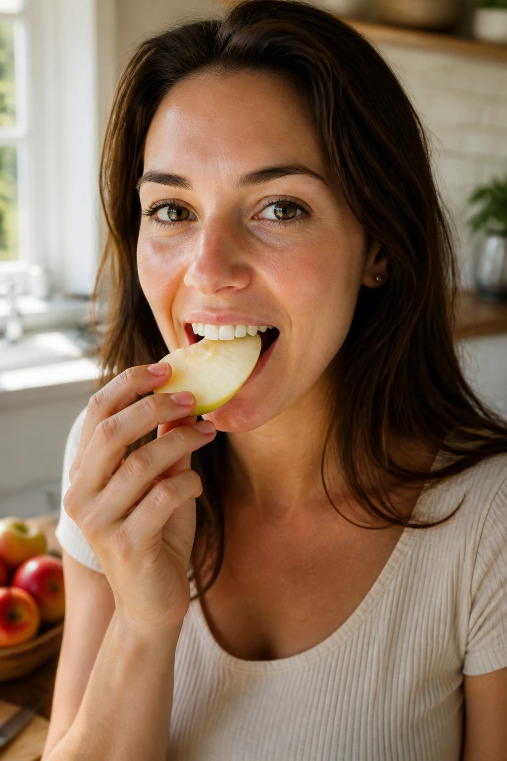 Close-up portrait of person biting seed-free apple slice in a warm kitchen