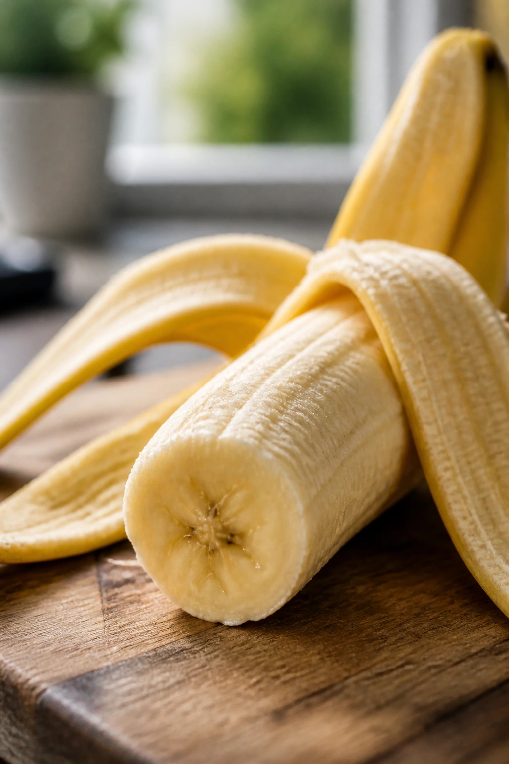 Close-up of a peeled banana filling the frame in a bright kitchen