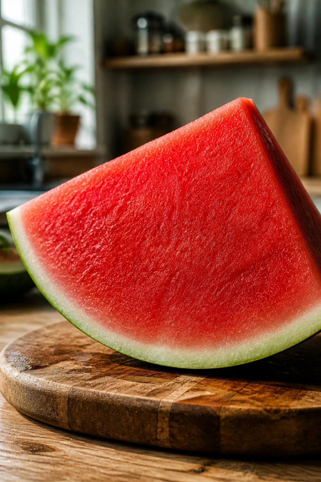 Close-up of a seedless watermelon slice on a wooden cutting board in bright kitchen light