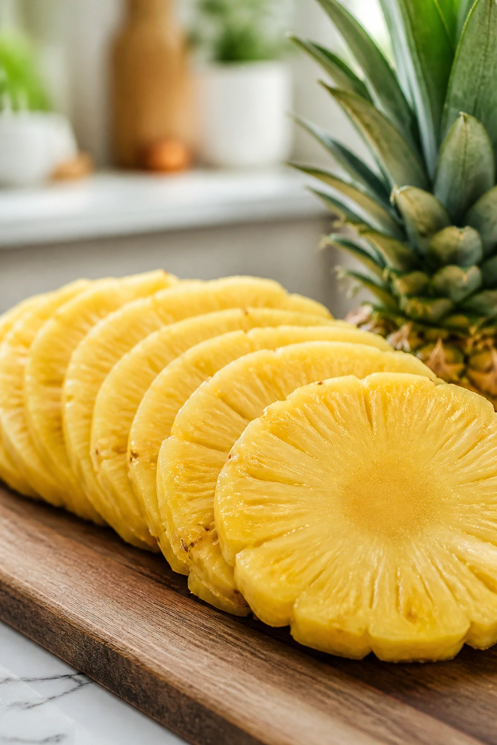 Seedless pineapple slices on wooden board in bright kitchen