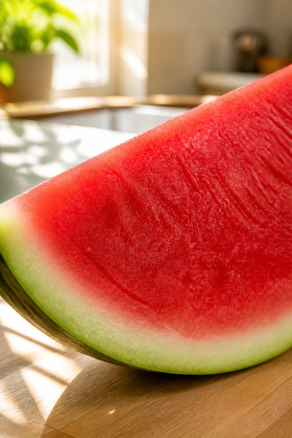 Seedless watermelon wedge filling a bright kitchen table