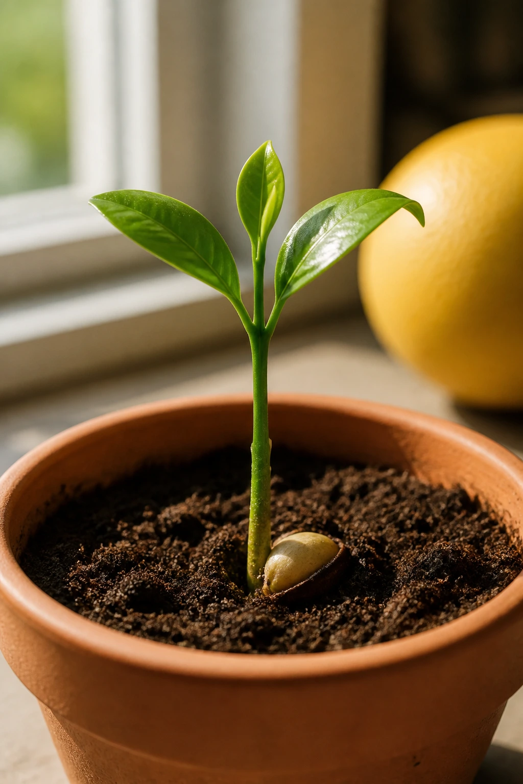 How To Grow Grapefruit From Seed: Step-By-Step Guide 5 Grapefruit seedling sprouting in a pot on a windowsill