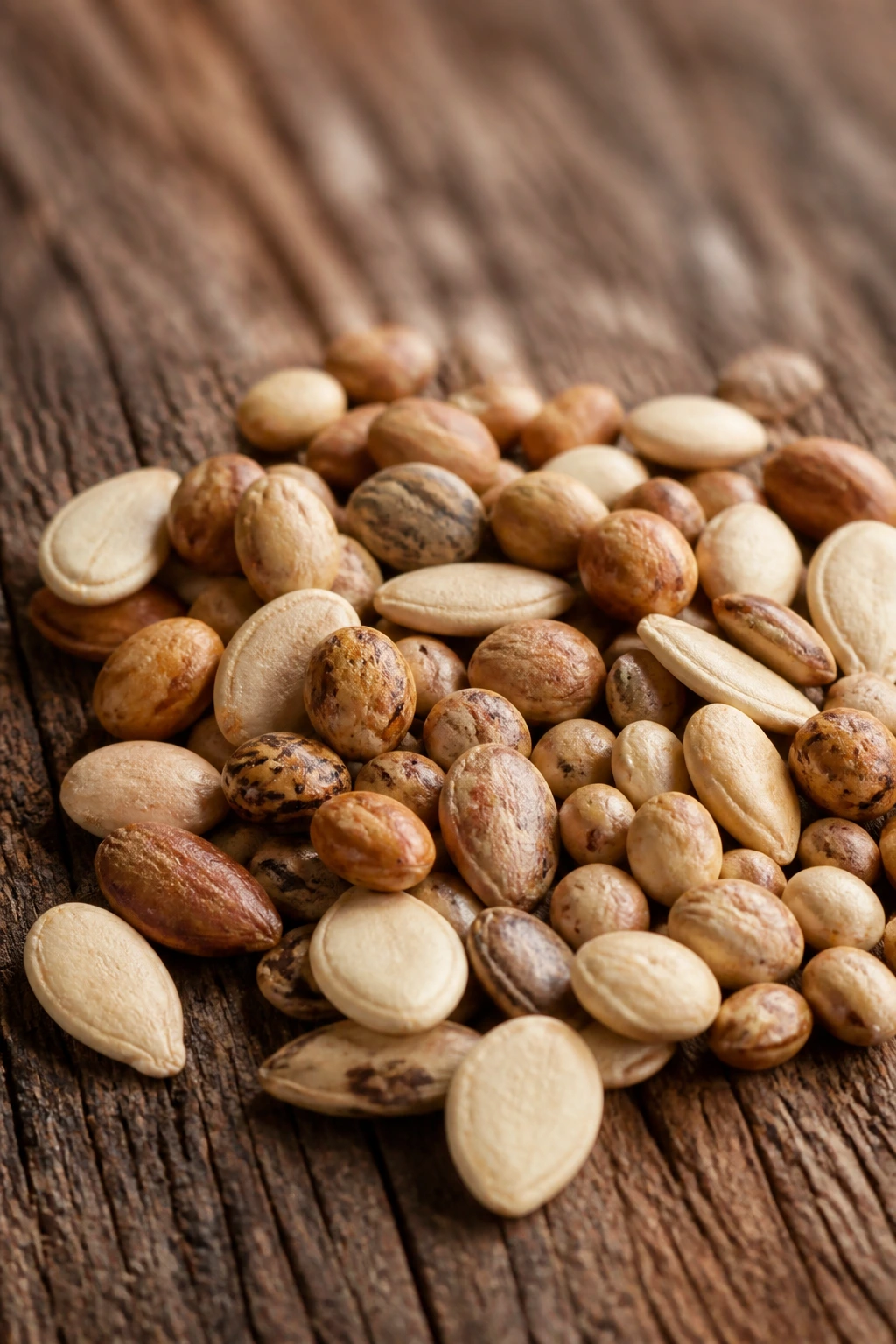 Close-up of seeds on wood highlighting seed viability after fruit decay
