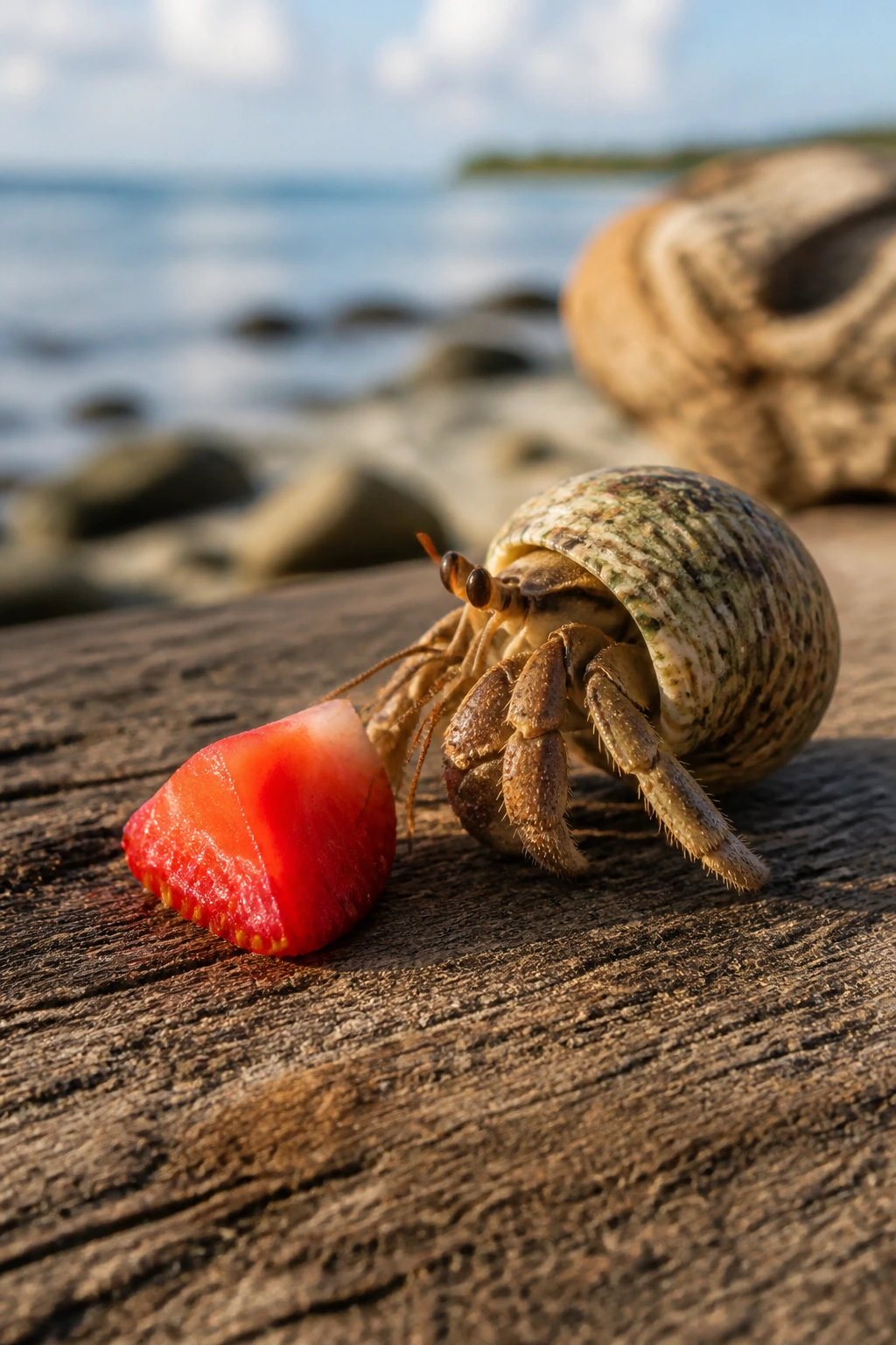 Hermit crab reaching for a piece of strawberry on wood.