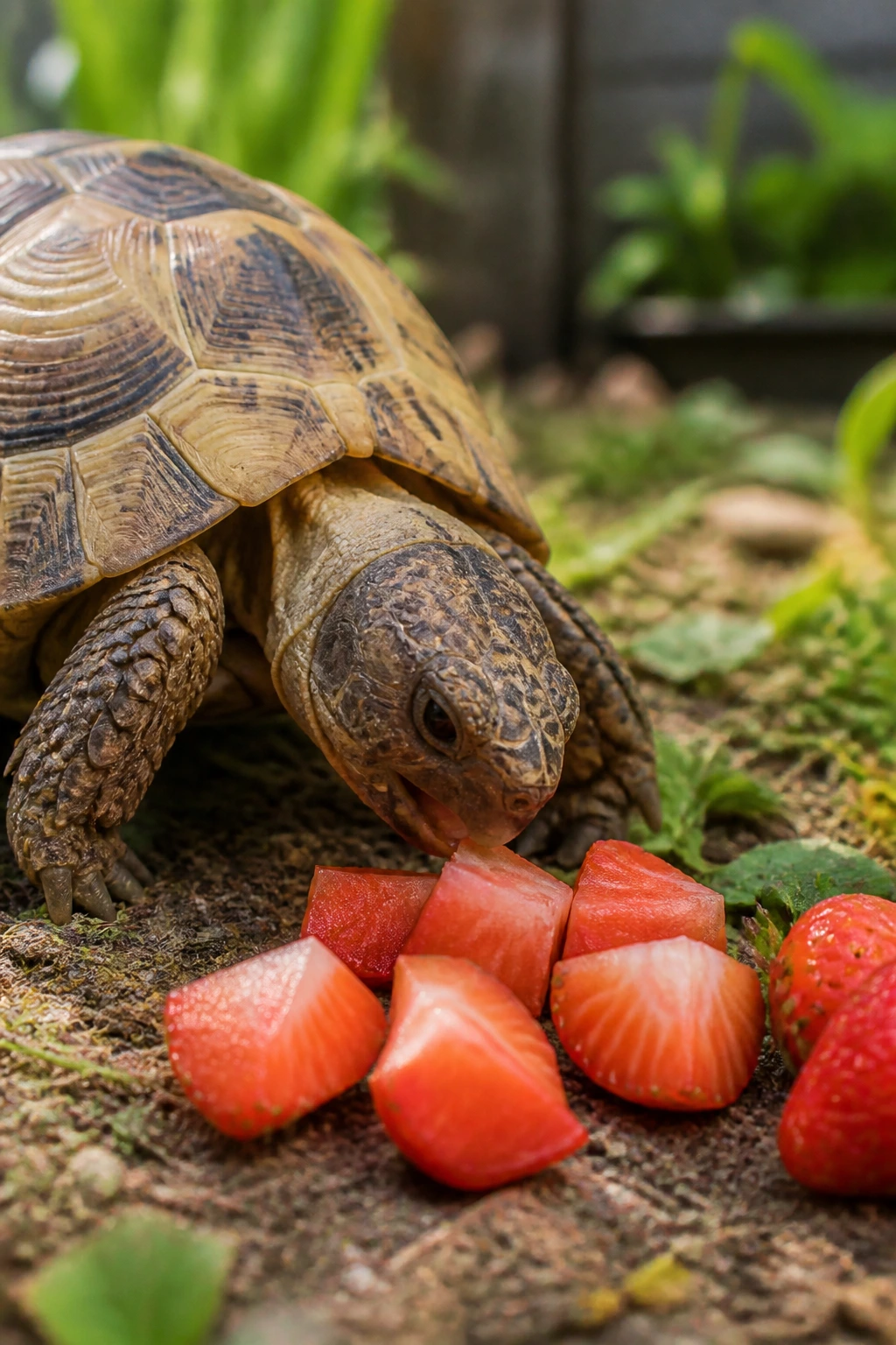 Tortoise approaching bite-sized strawberry pieces on the ground