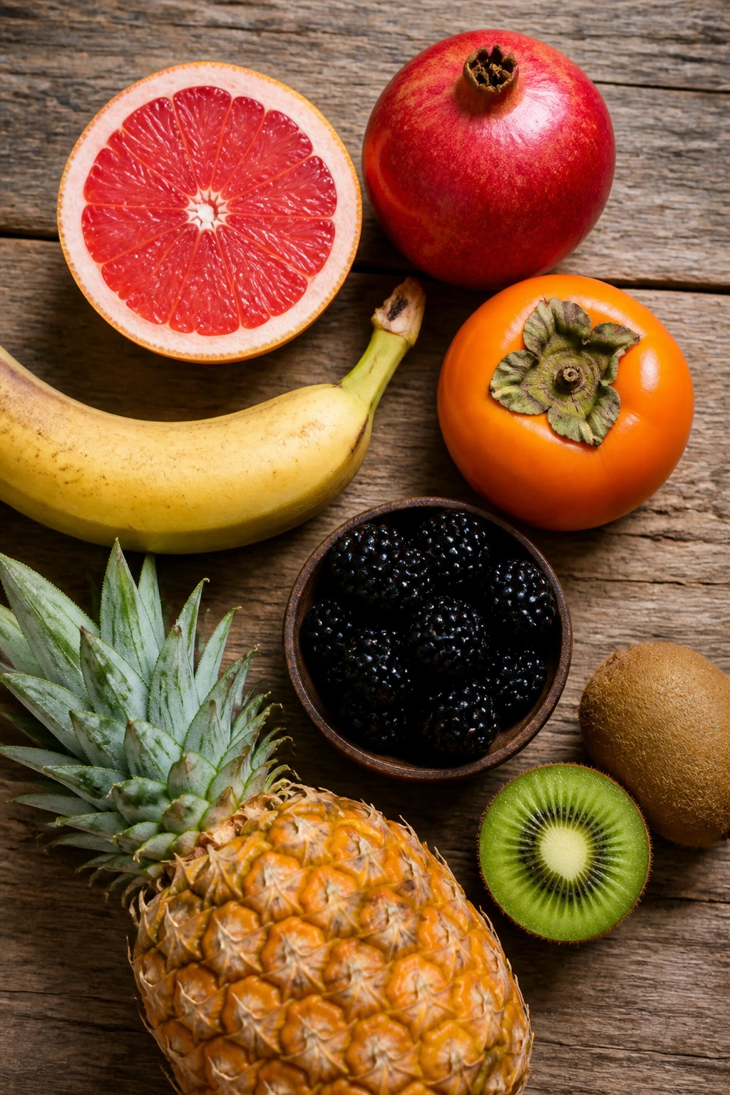 Top-down still life of seven fruits known to dry the mouth: grapefruit, pomegranate, persimmon, banana, pineapple, blackberry, kiwi.