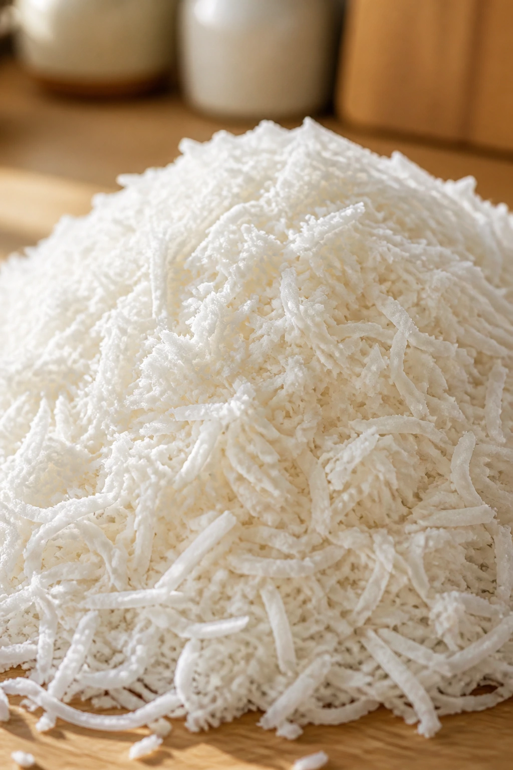 Close-up of shredded coconut on a wooden counter in a bright kitchen.
