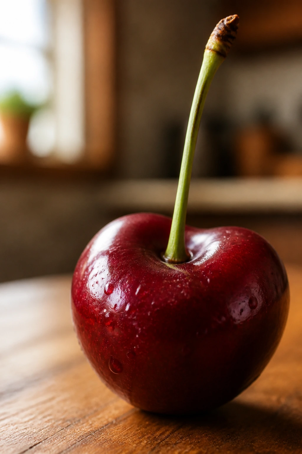 Macro shot of a single glossy cherry with stem in sunlight