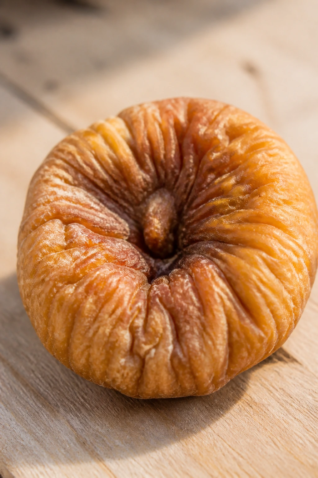 Single dried fig on a soft wooden background with warm light