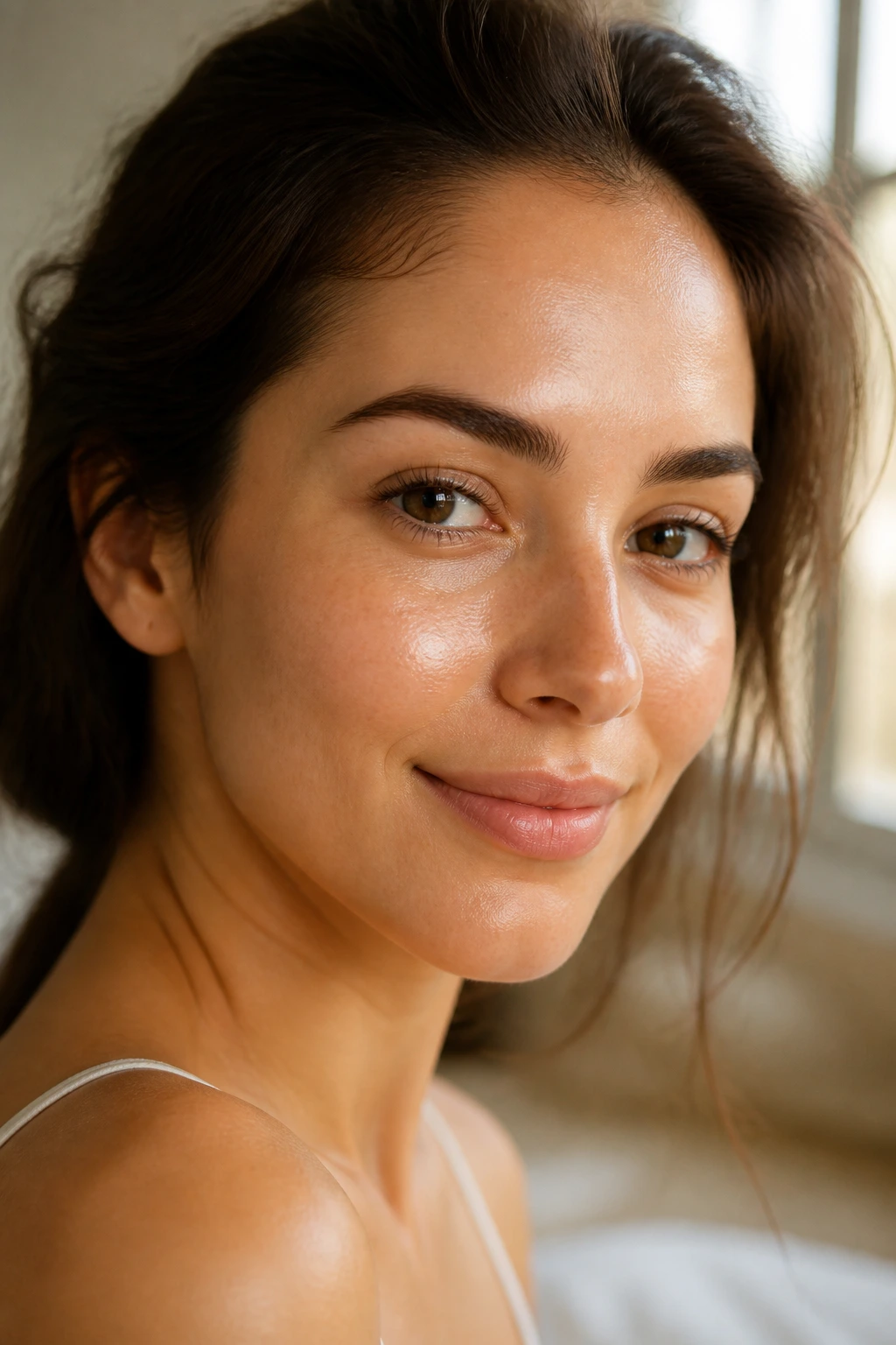 Close-up portrait of a real person with youthful, glowing skin
