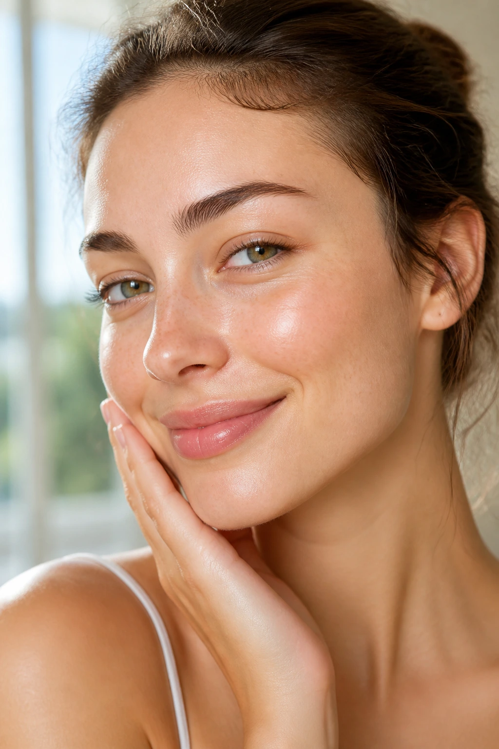 Close-up portrait of a person with glowing clear skin in daylight