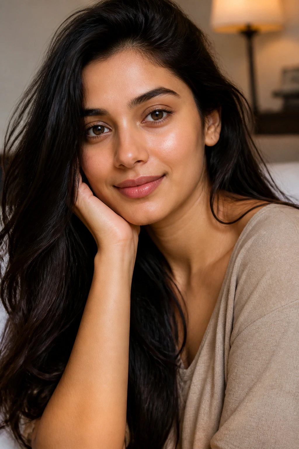 Close-up portrait of a real person showing healthy skin and hair