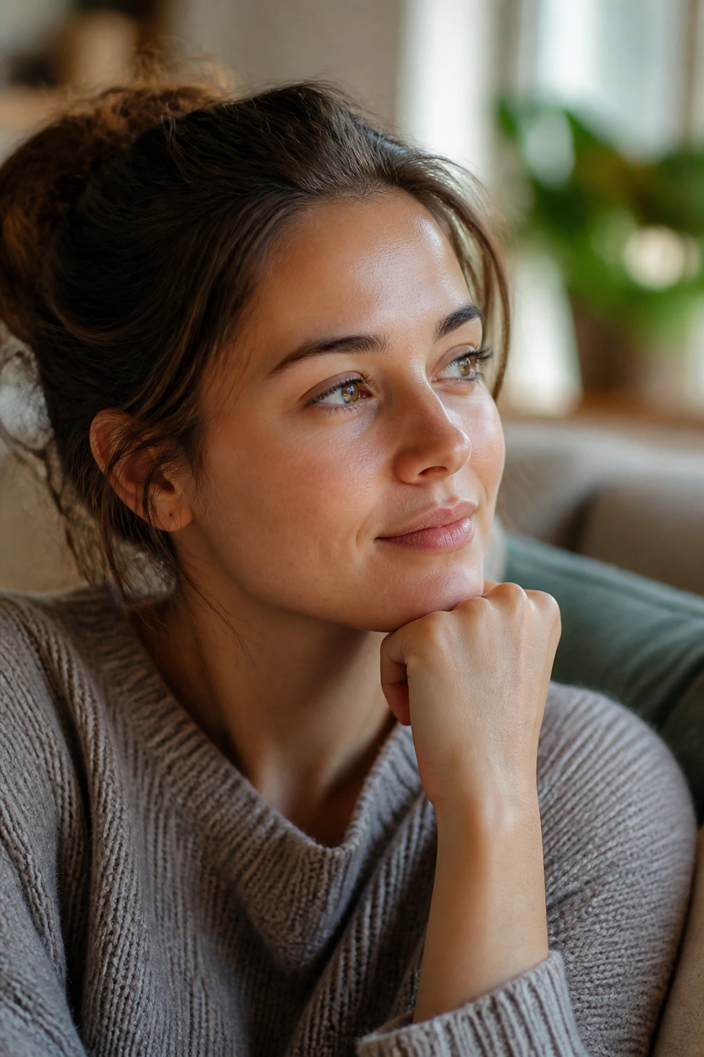 Close-up portrait of a thoughtful real person in warm light