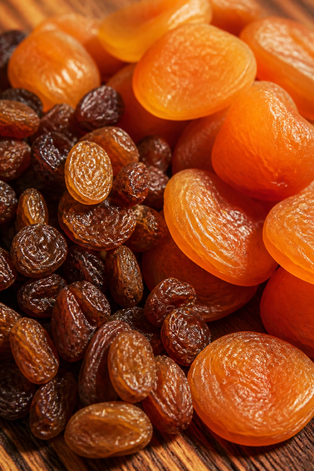 12 Incredible Benefits Of Eating Dry Fruits In The Morning 8 Close-up of dried apricots and raisins on wood suggesting skin health benefits