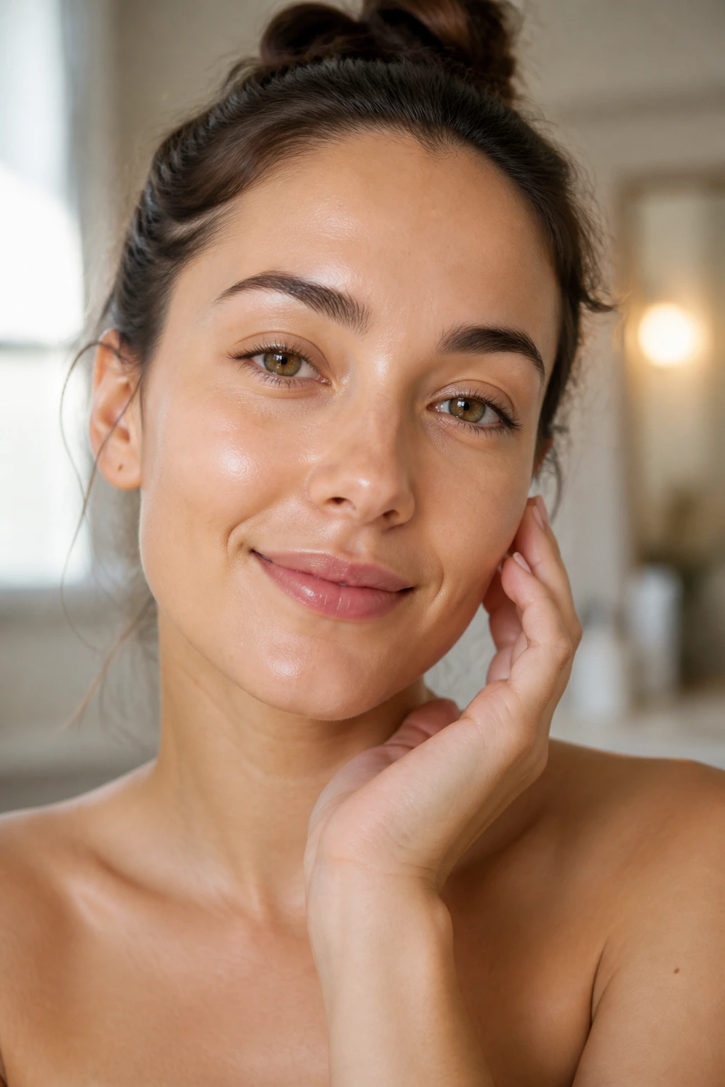 10 Amazing Health Benefits Of Drinking Banana Shake 8 Close-up portrait of a woman with radiant hydrated skin in natural light