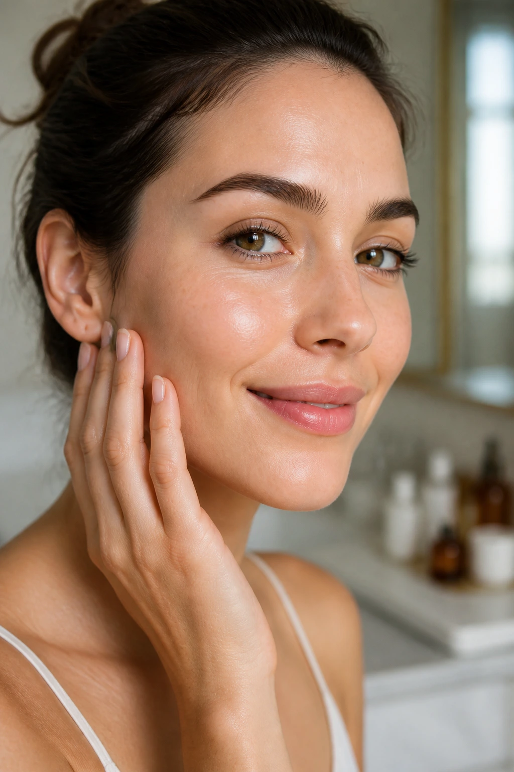 Close-up of a real person's cheek with smooth, healthy-looking skin.