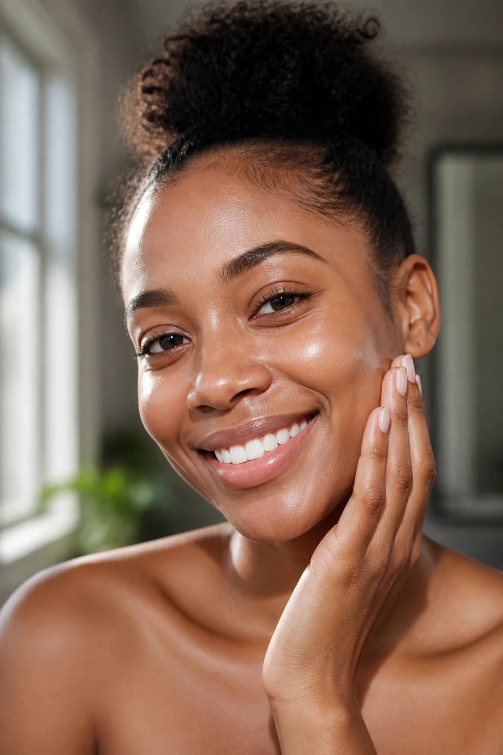 Close-up portrait of a person with clear glowing skin