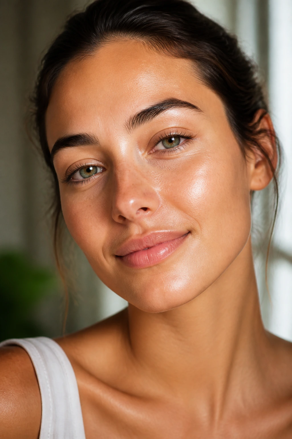 Close-up portrait of a woman with radiant skin in natural window light