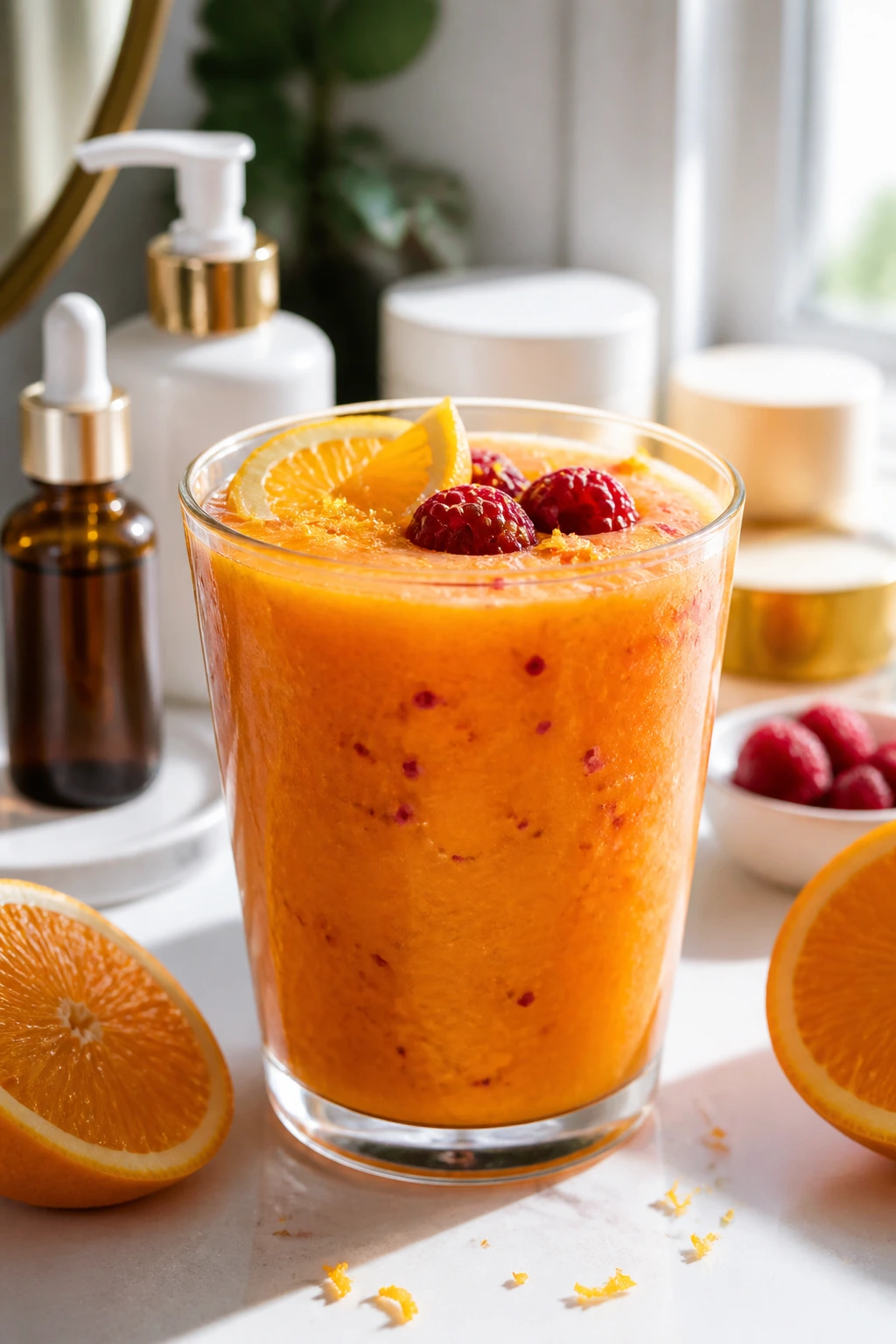 10 Surprising Benefits Of Blending Fruits And Vegetables 8 Close-up of an orange smoothie promoting skin health with vitamin C