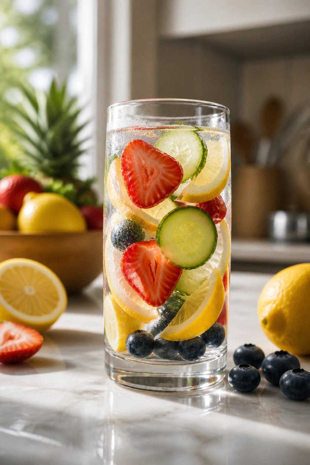 Glass of fruit-infused water showing fruit slices on a bright kitchen counter