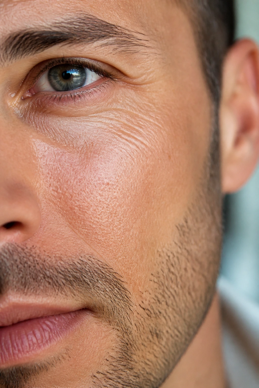 Extreme close-up of male facial skin showing texture and pores.