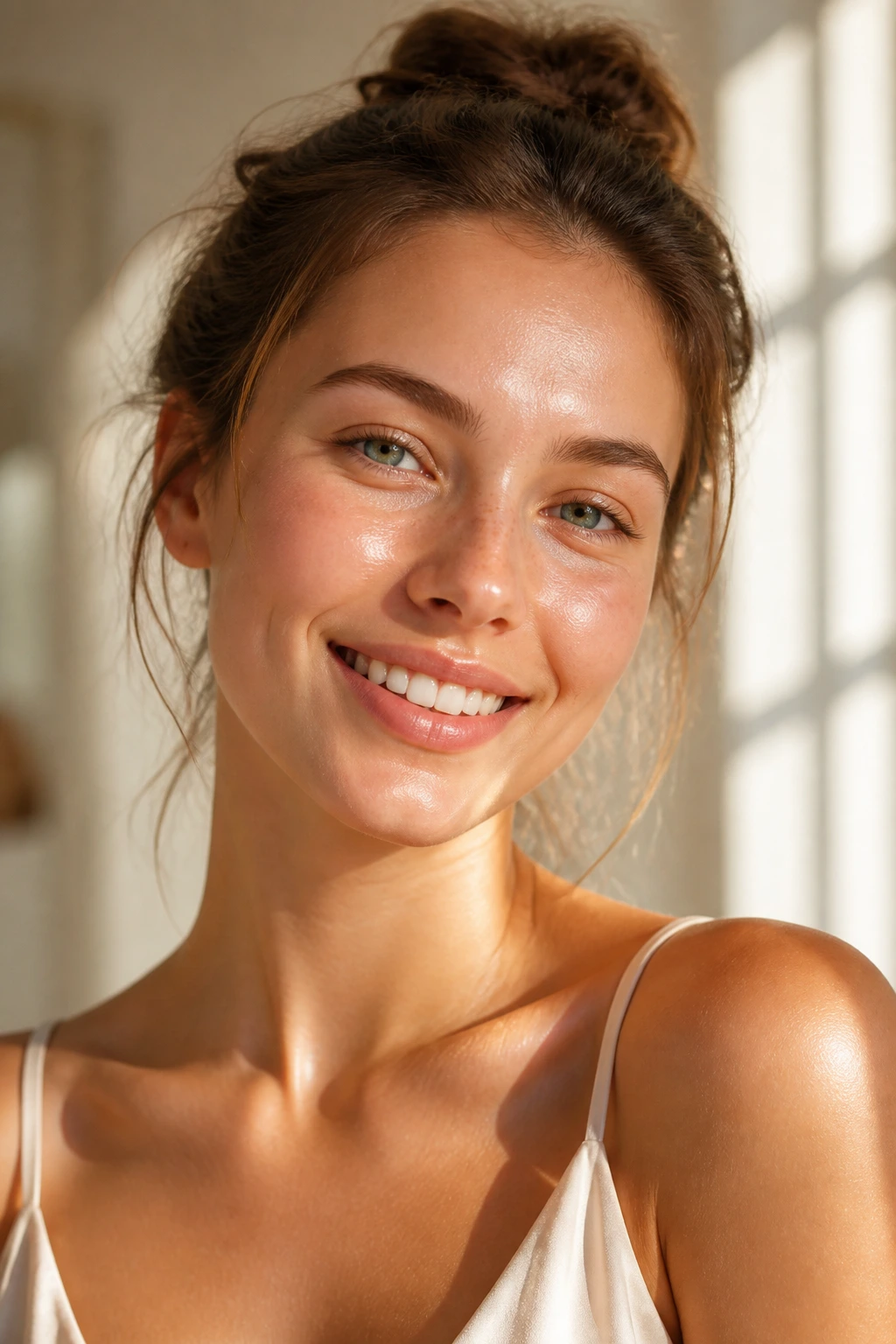 Close-up of a real person with radiant, healthy-looking skin
