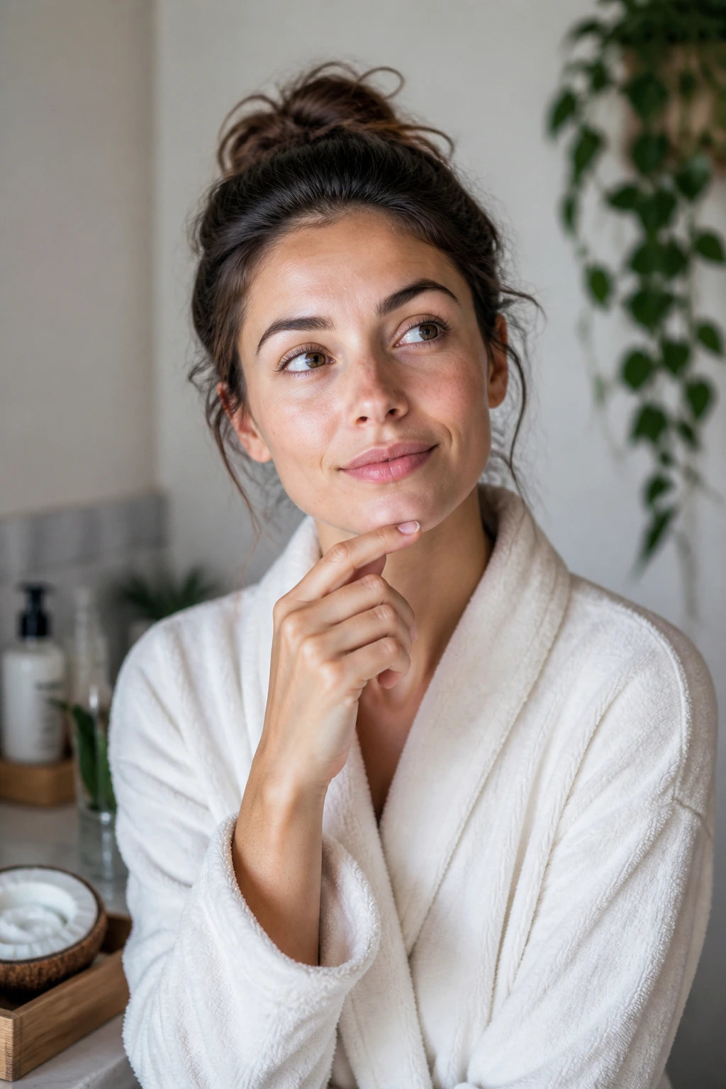 Portrait of a real person in a cozy bathroom, thoughtful for skincare FAQs