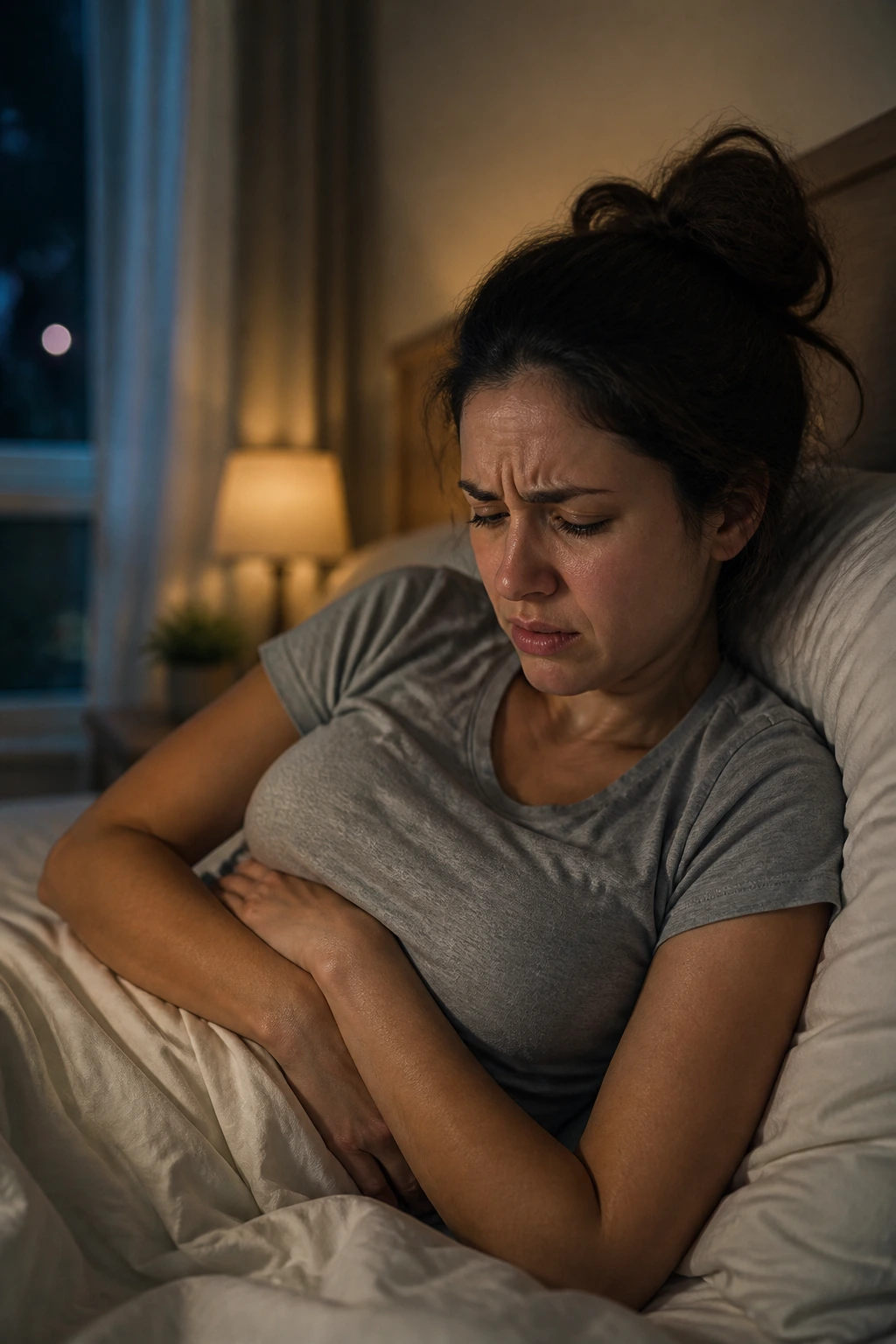10 Surprising Disadvantages Of Eating Fruits At Night 1 Close-up of a real person in bed showing stomach discomfort at night