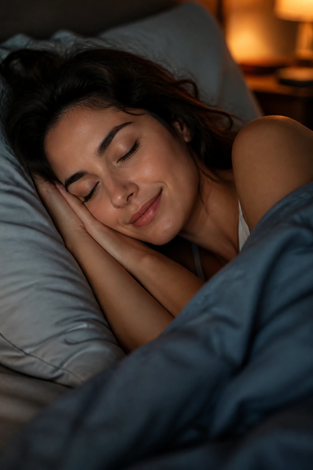 Close-up of a sleeping person in a cozy bedroom