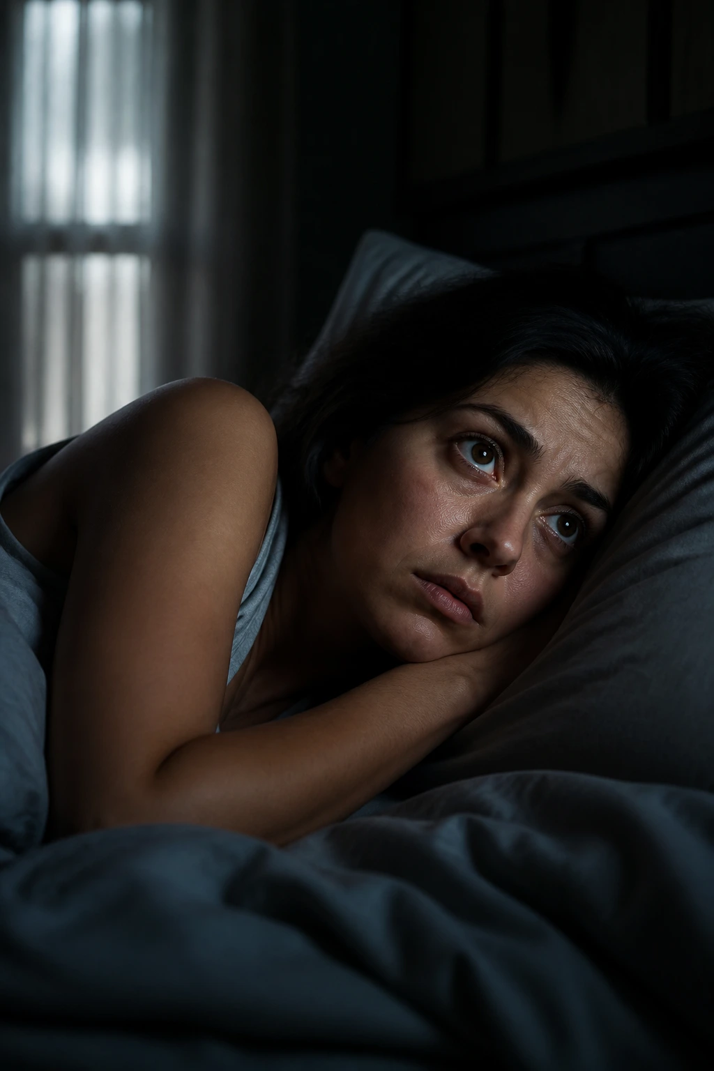 Close-up portrait of a real person in bed with eyes open, looking restless