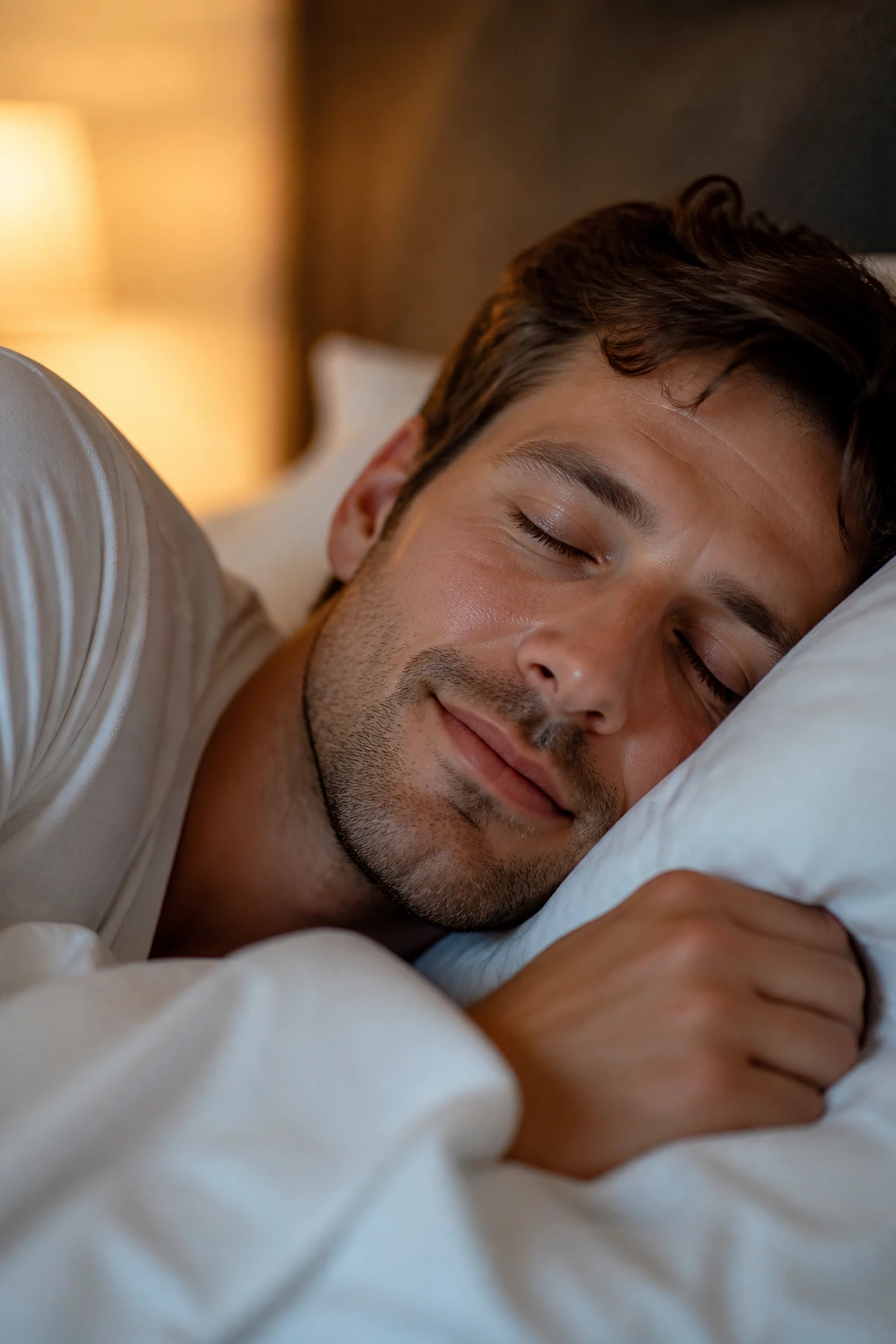 Close-up of a man sleeping or resting in a dimly lit bedroom for better sleep