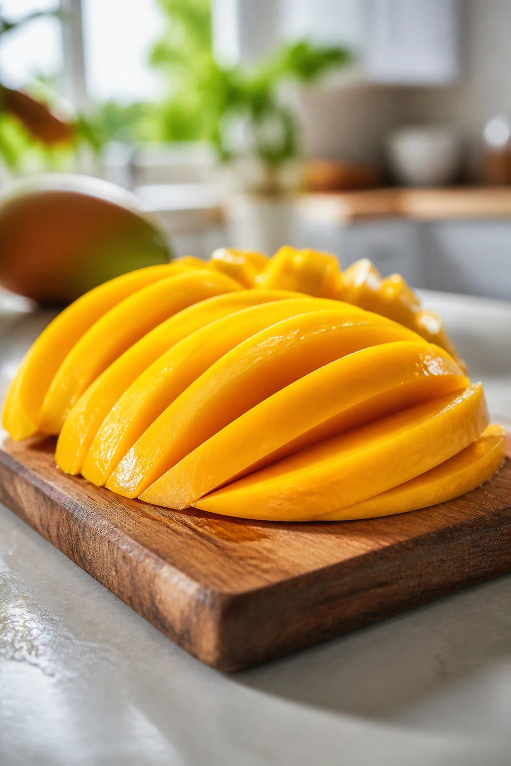 Tropical Showdown: Mango Vs Pineapple - A Comparison 4 Sliced mango arranged on cutting board in sunny kitchen.