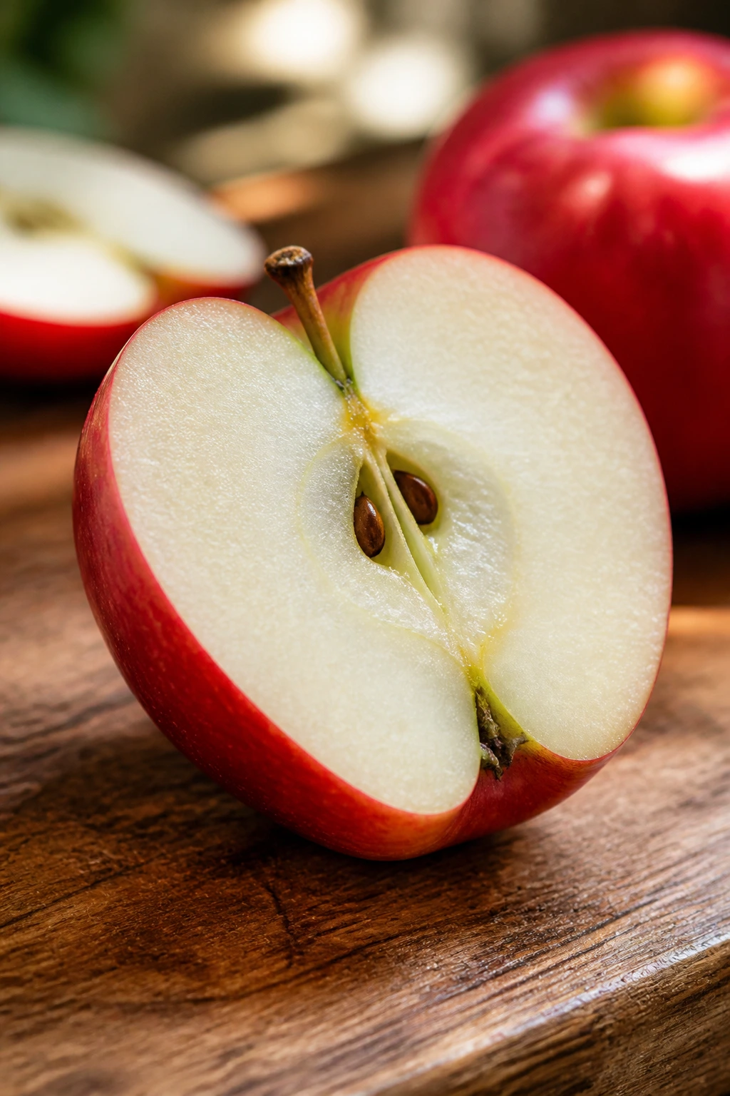 Smitten Apple: Nutrition Facts, Health Benefits, And More 7 Close-up of a Smitten apple half with crisp flesh on a rustic wooden board.