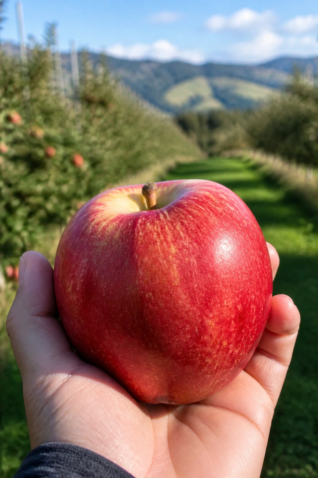 Smitten Apple: Nutrition Facts, Health Benefits, And More 2 Single ripe Smitten apple in hand with New Zealand orchard background
